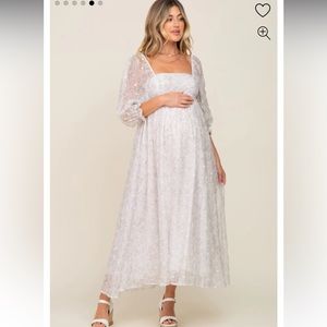 Silver Floral Square Neck Puff Sleeve Organza Maternity Maxi Dress